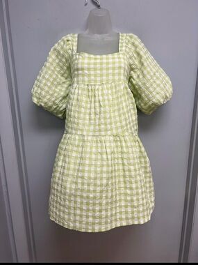 Lush Lime Green Gingham Puff Sleeve Babydoll Mini Dress Size Small